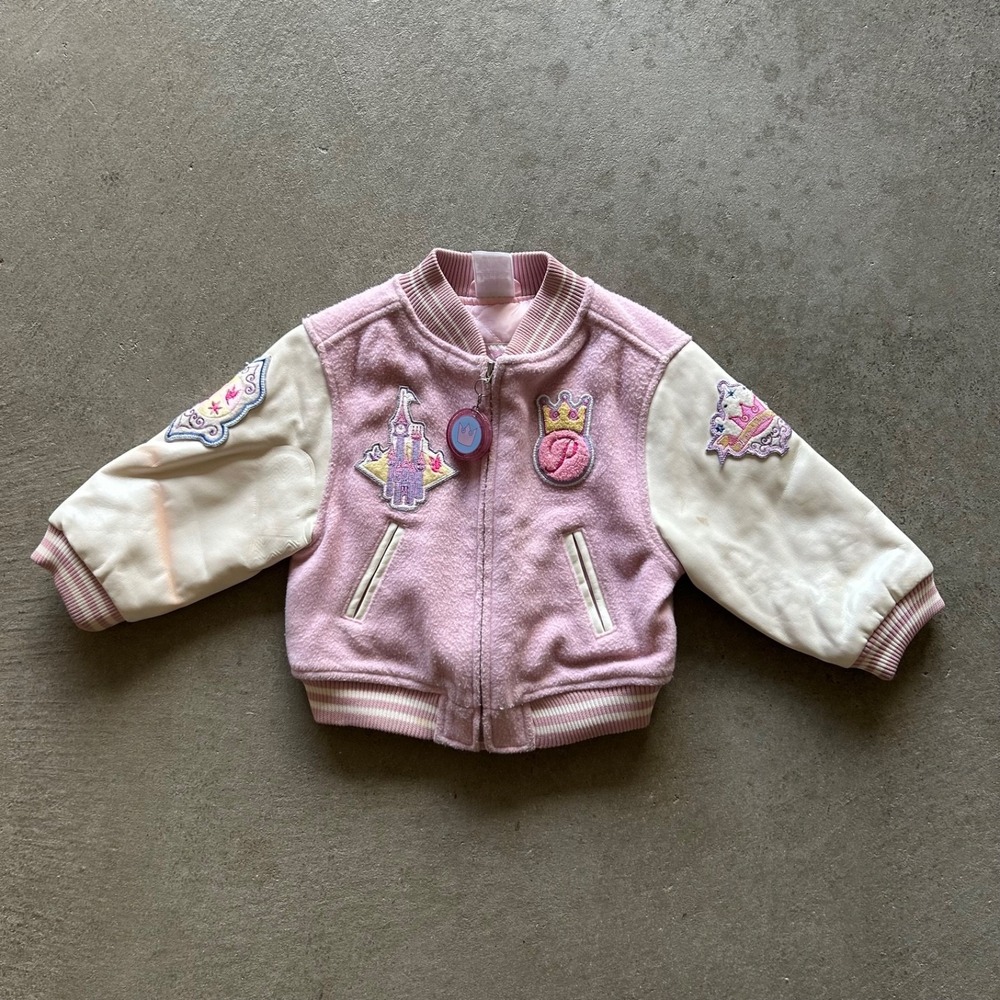 Vintage Disney Princess Varsity Jacket Girls XXS Pink White Cinderella Bomber